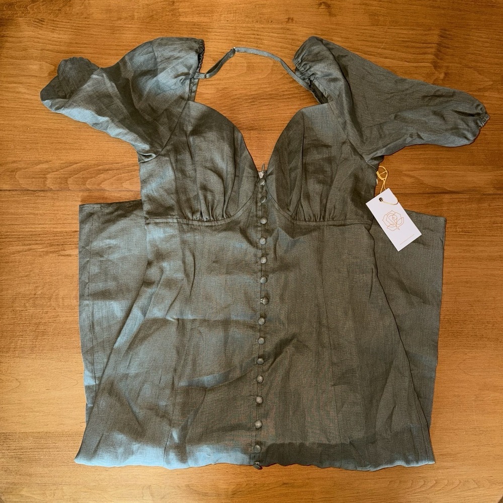 NEW Backyard Roses Linen‎ Midi Dress Olive Green Button Down Front Size S